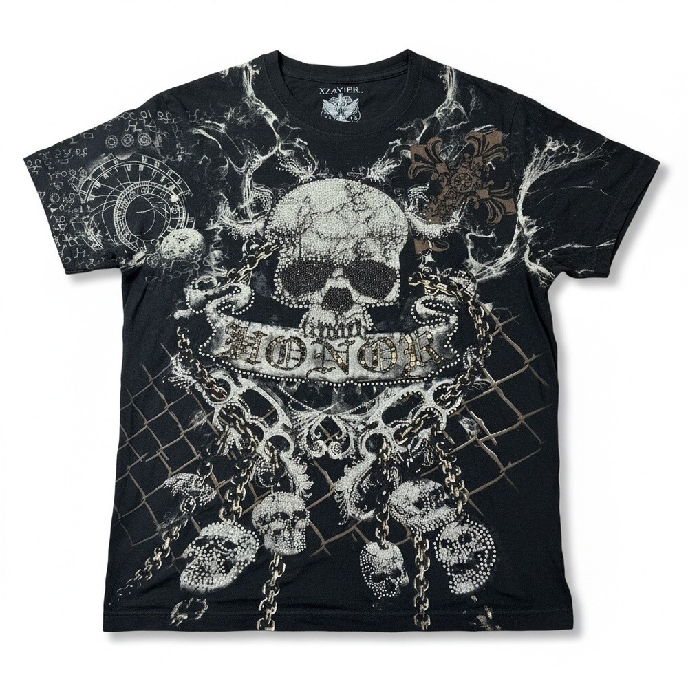 Xzavier Y2K Black Rhinestone Skull Honor Graphic T-Shirt Made in USA Size L